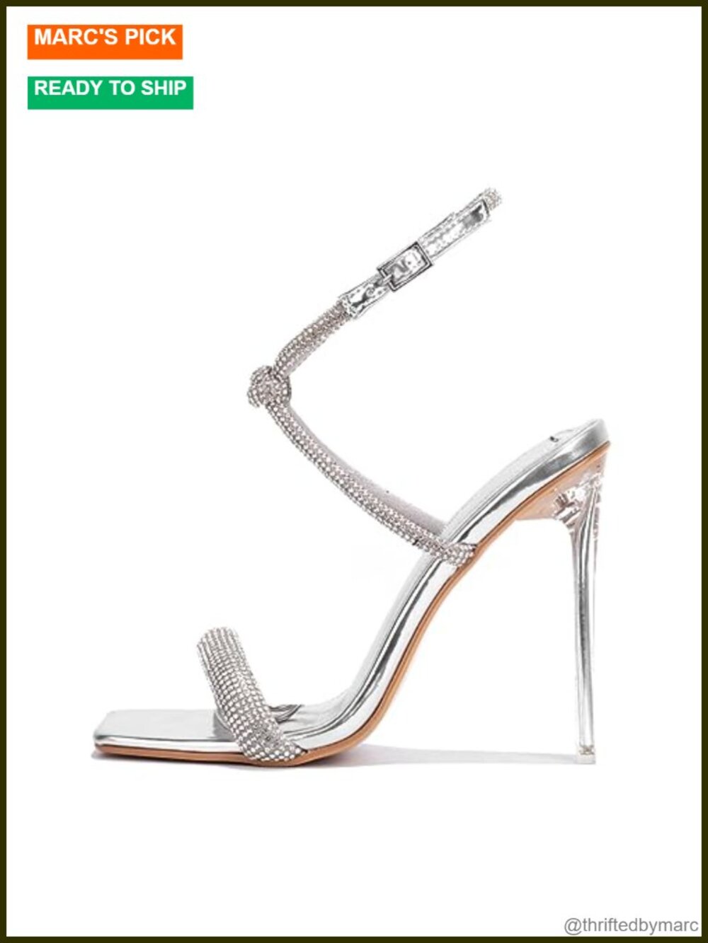 Women's Stiletto Heel Sandals Square Open Toe Ankle Strap Rhinestone 4.5" Heels